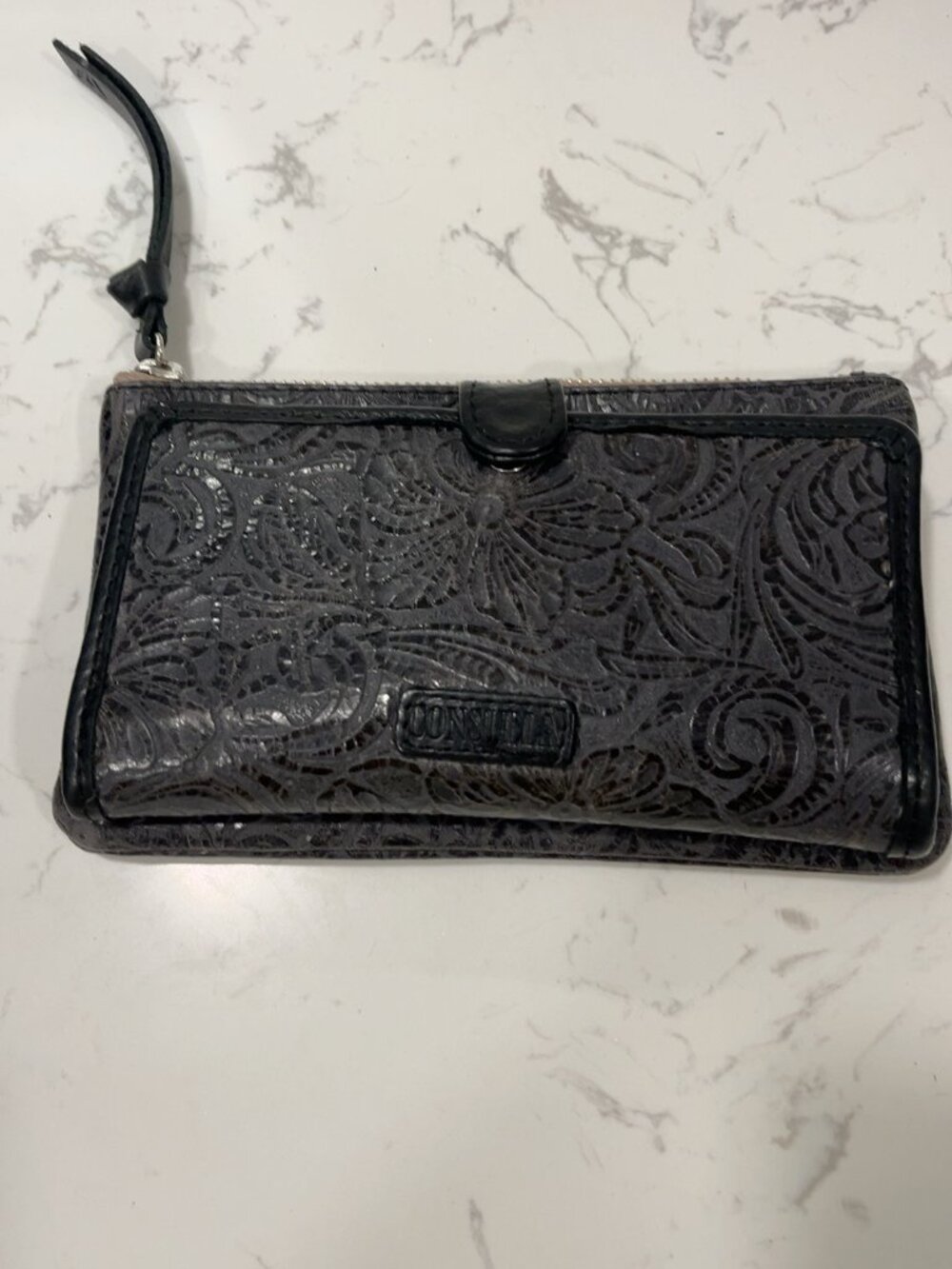 Consuela Black Embossed Leather Zip Wristlet Wallet